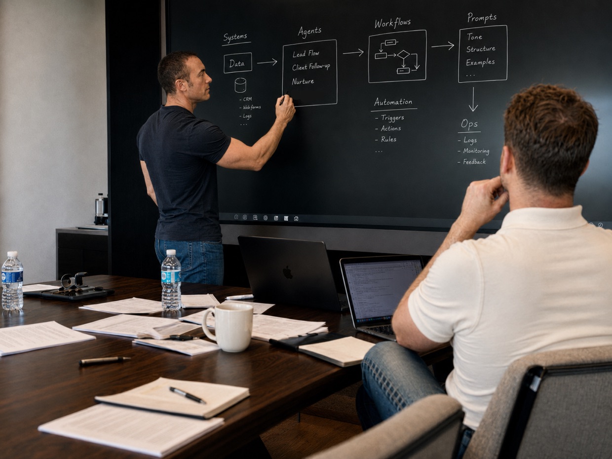 Chris Guerriero mapping an AI system of agents and workflows on the board while a founder works alongside him